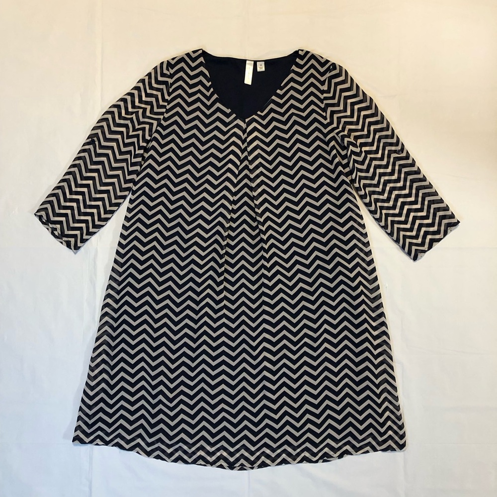 Tacera Women’s Adjustable Sleeve Pullover Chevron Silk Dark Blue & White Dress M